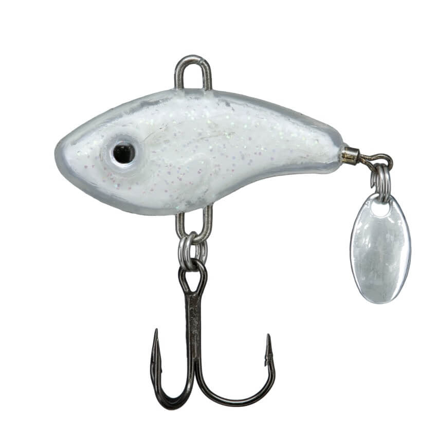 Close-up of a white Northland Forage Fleck fishing lure with a reflective silver spinner blade and treble hook, designed for attracting fish during freshwater fishing trips.