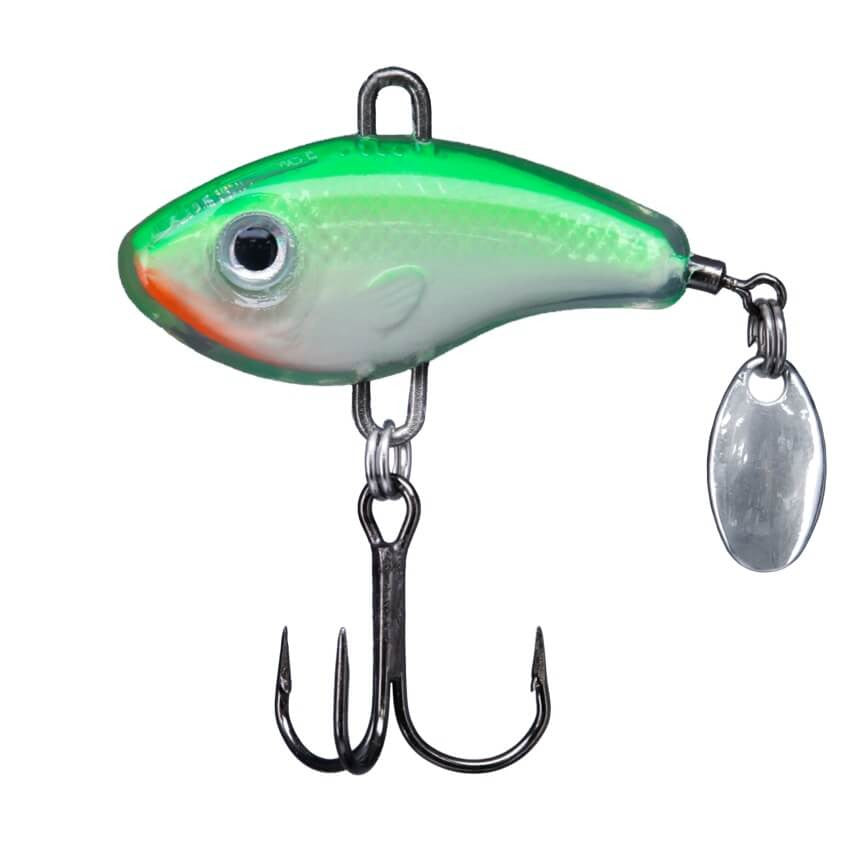 Northland Forage Fleck fishing lure with green and white body, realistic eye, treble hook, and small silver spinner blade for attracting fish.