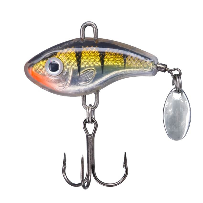 Northland Forage Fleck fishing lure designed with realistic fish patterns, featuring treble hooks and a small spinner blade for attracting musky and other game fish.