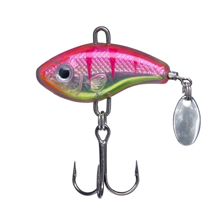 Northland Forage Fleck fishing lure featuring a vibrant pink, red, and green body with realistic eye details and a silver spinner blade, designed for effective fishing tackle use.