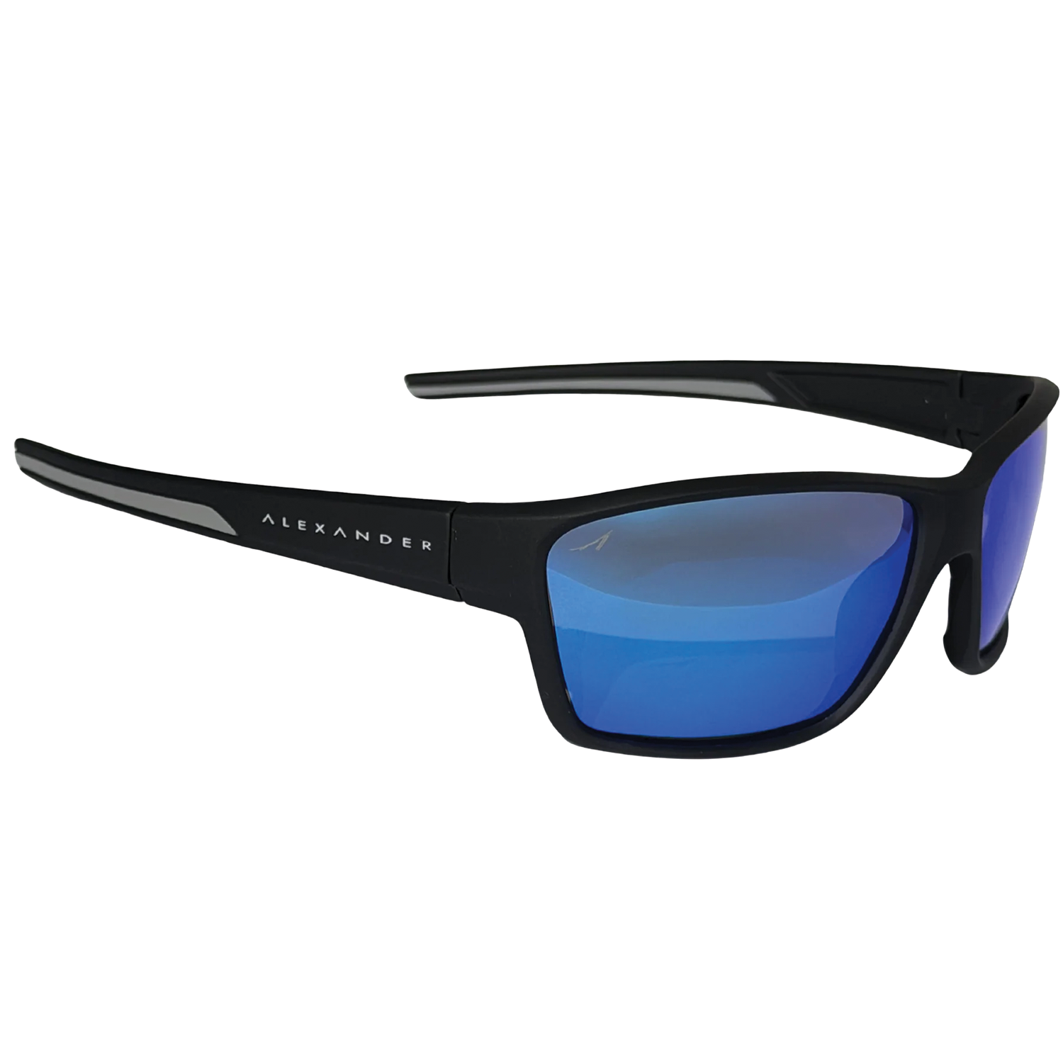 Alexander Sunglasses with a sleek black frame and reflective blue lenses, designed for outdoor use, offering UV protection and comfort ideal for fishing and marine activities.