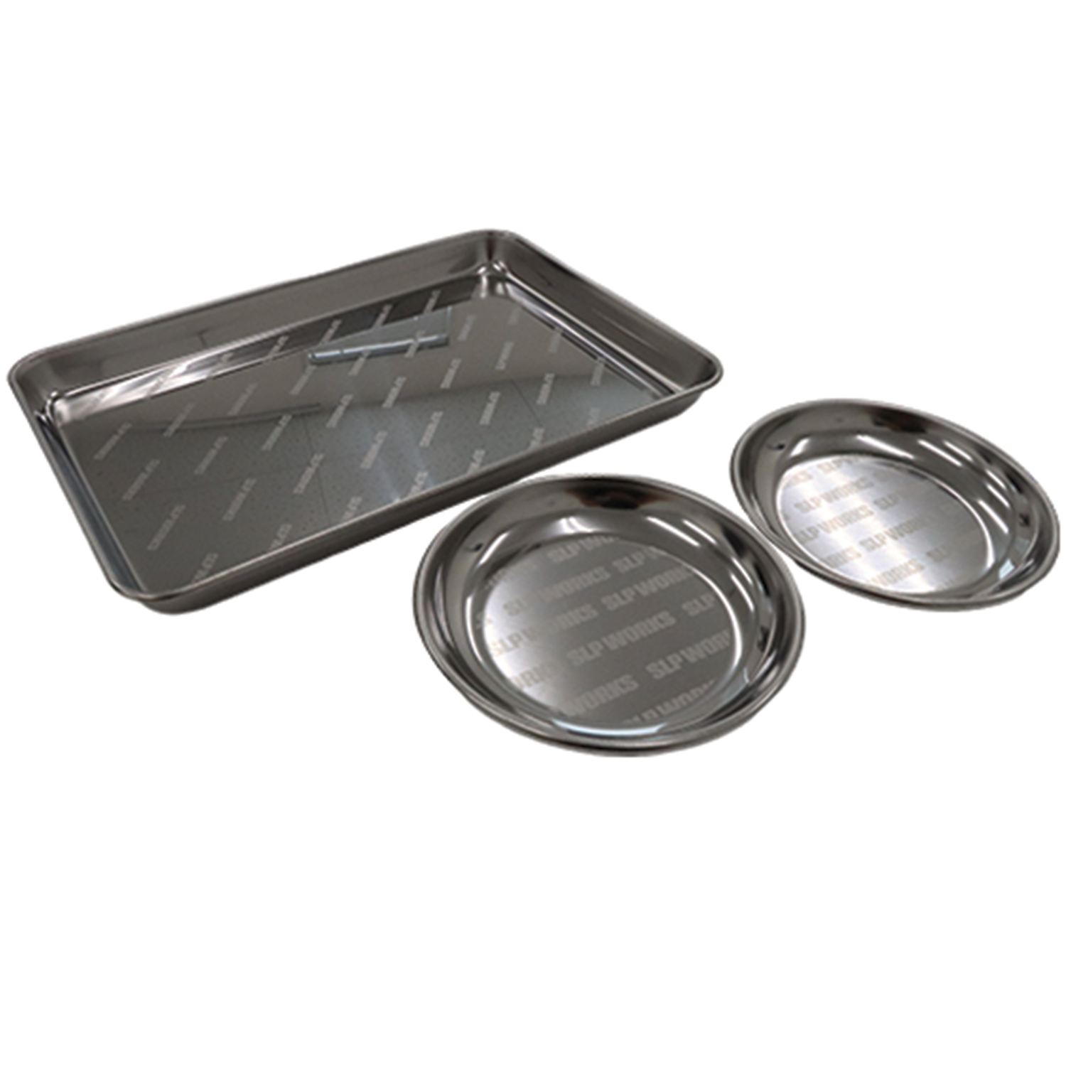 Daiwa SLP Works Stainless Steel Tray (3 Piece Set) featuring one rectangular tray and two round trays for organized fishing tackle storage