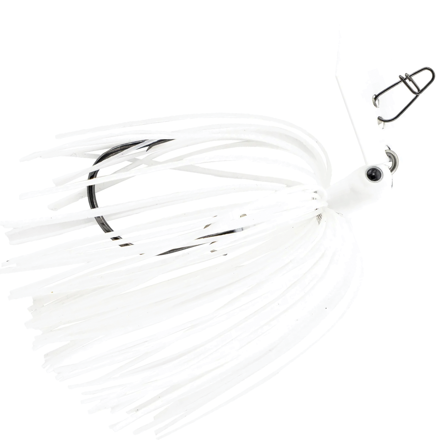 Close-up of a white Z-Man Jackhammer Chatterbait fishing lure with silicone skirt and metal hook, designed for fishing tackle enthusiasts.