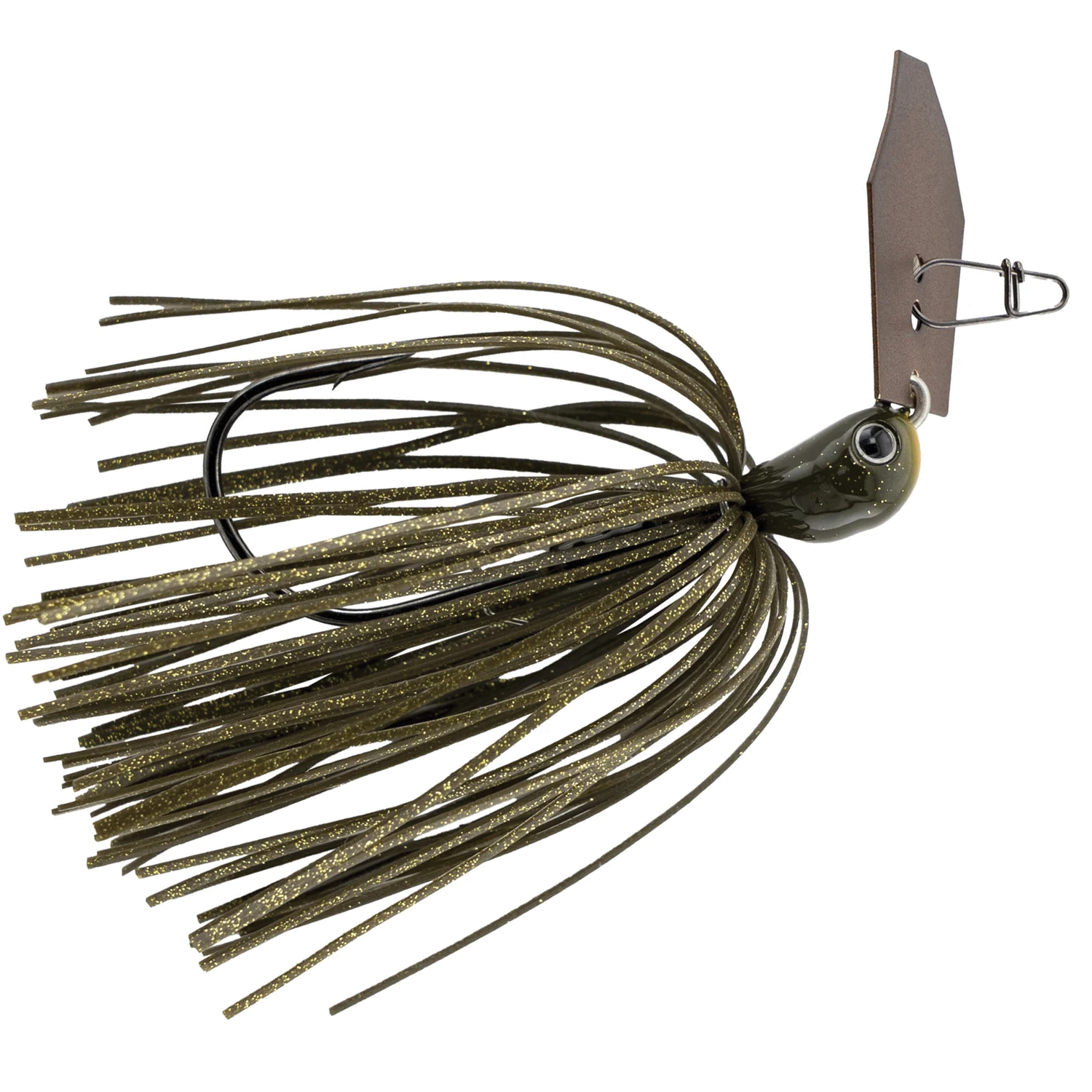 Z-Man Jackhammer Chatterbait fishing lure with green and gold skirt, black hook, and angled metal blade for attracting fish in freshwater fishing tackle.