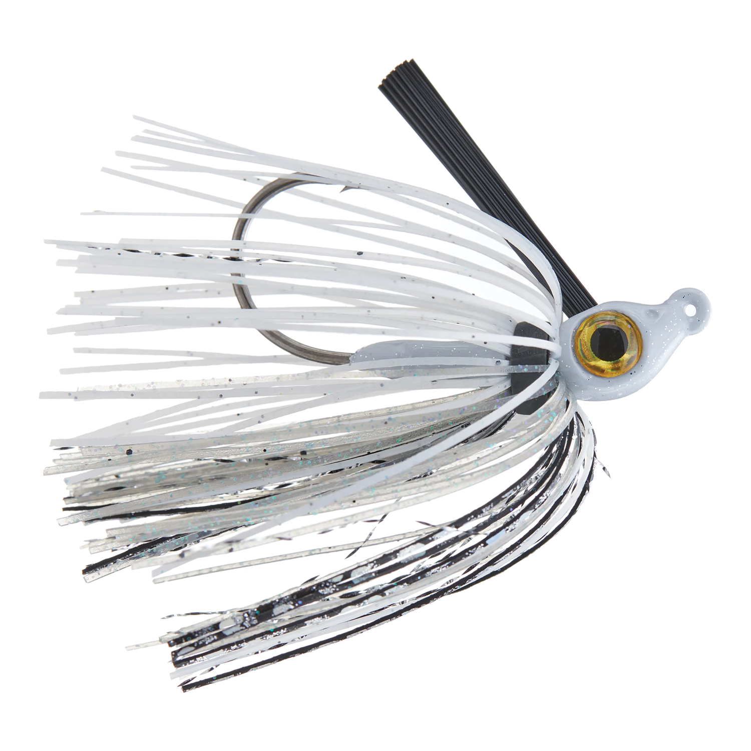 Beast Coast Working Man's Swim Jig with detailed white and black skirt, lifelike yellow eye, and sharp fishing hook designed for effective fishing tackle use.