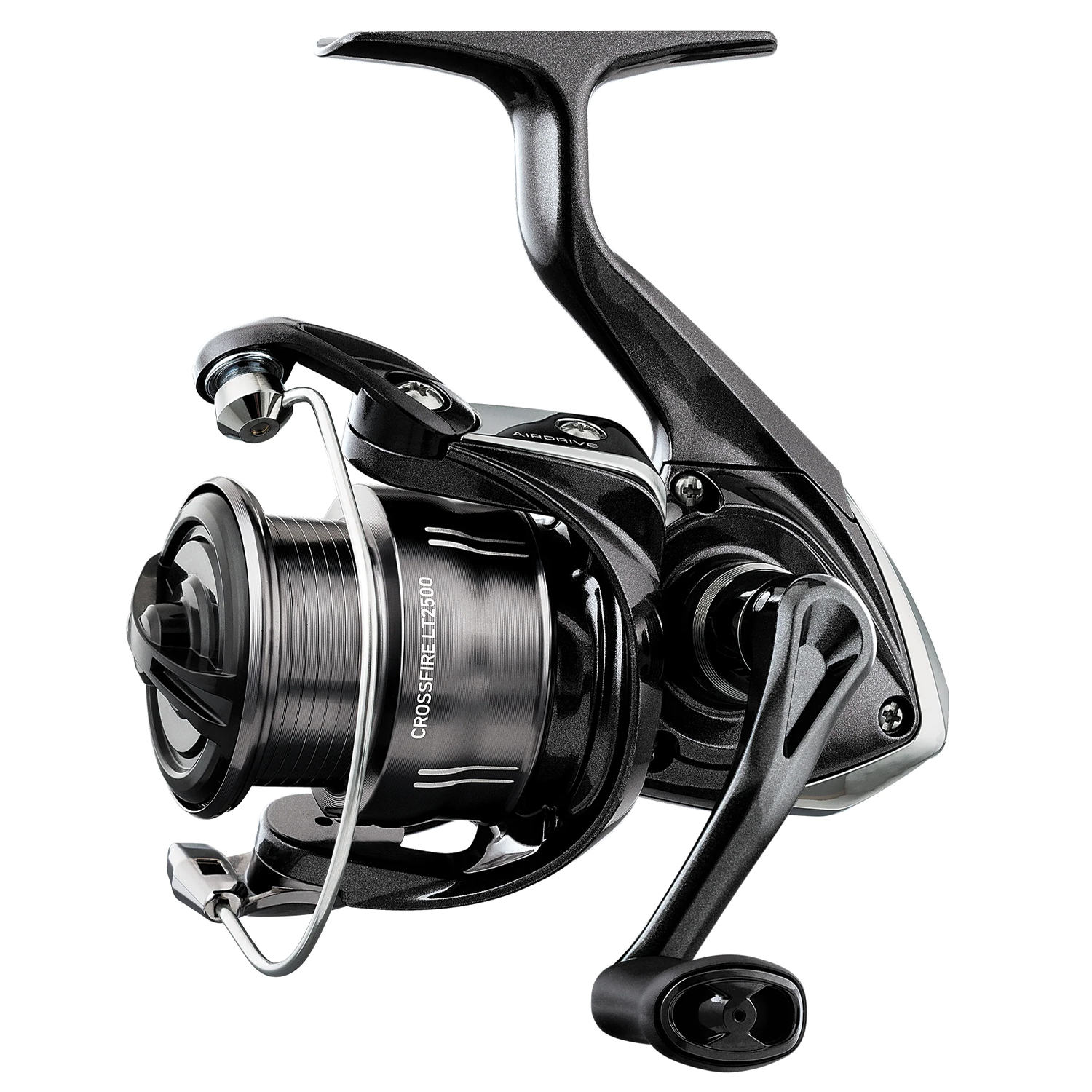 Daiwa Crossfire LT spinning fishing reel in black with silver accents, featuring a smooth handle and durable spool designed for fishing rods and reels.