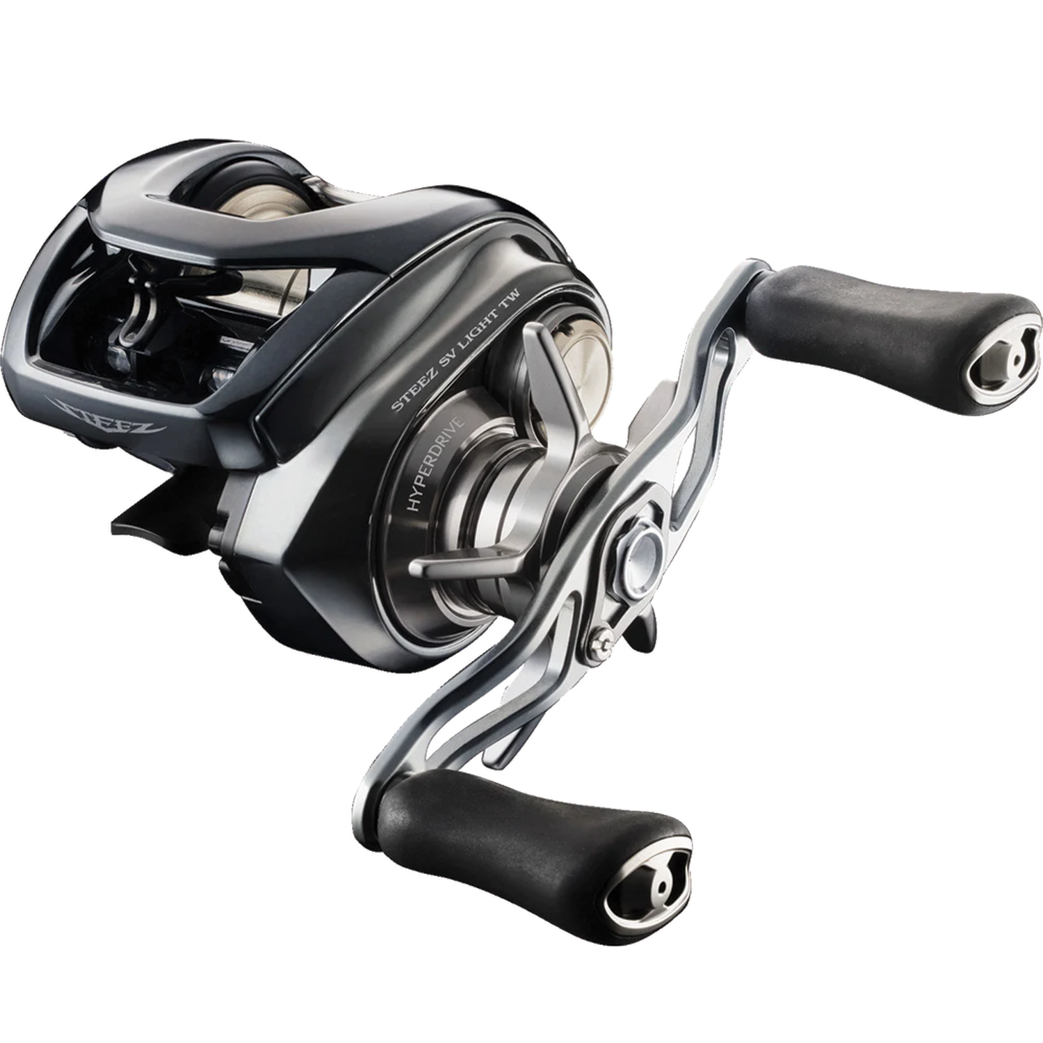 Daiwa Steez SV Light TW fishing reel with sleek black finish, ergonomic dual handles, and precision engineering designed for smooth casting and durability in fishing tackle.