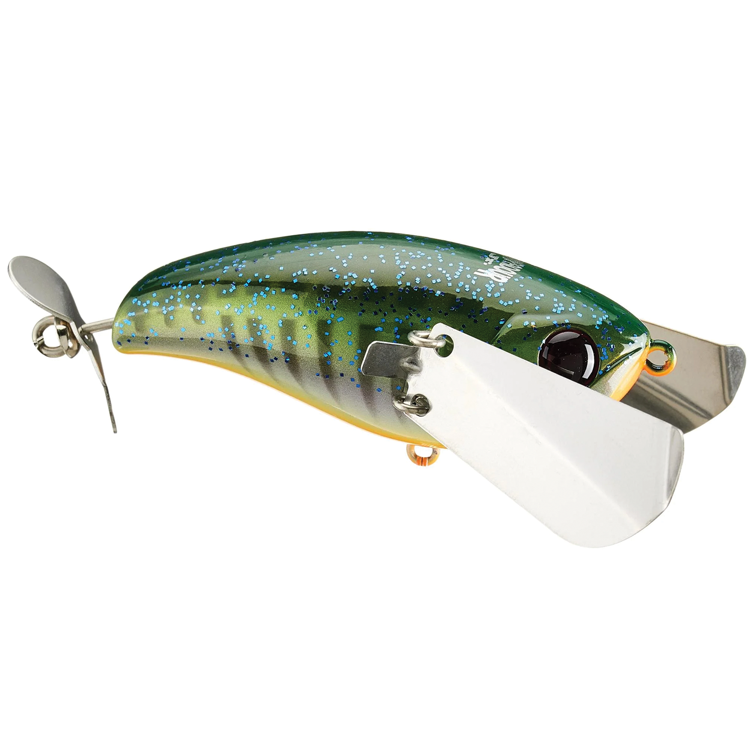 Jackall Pompadour fishing lure with a green and yellow body featuring blue speckles, silver metal propeller and diving lip designed for freshwater fishing tackle.