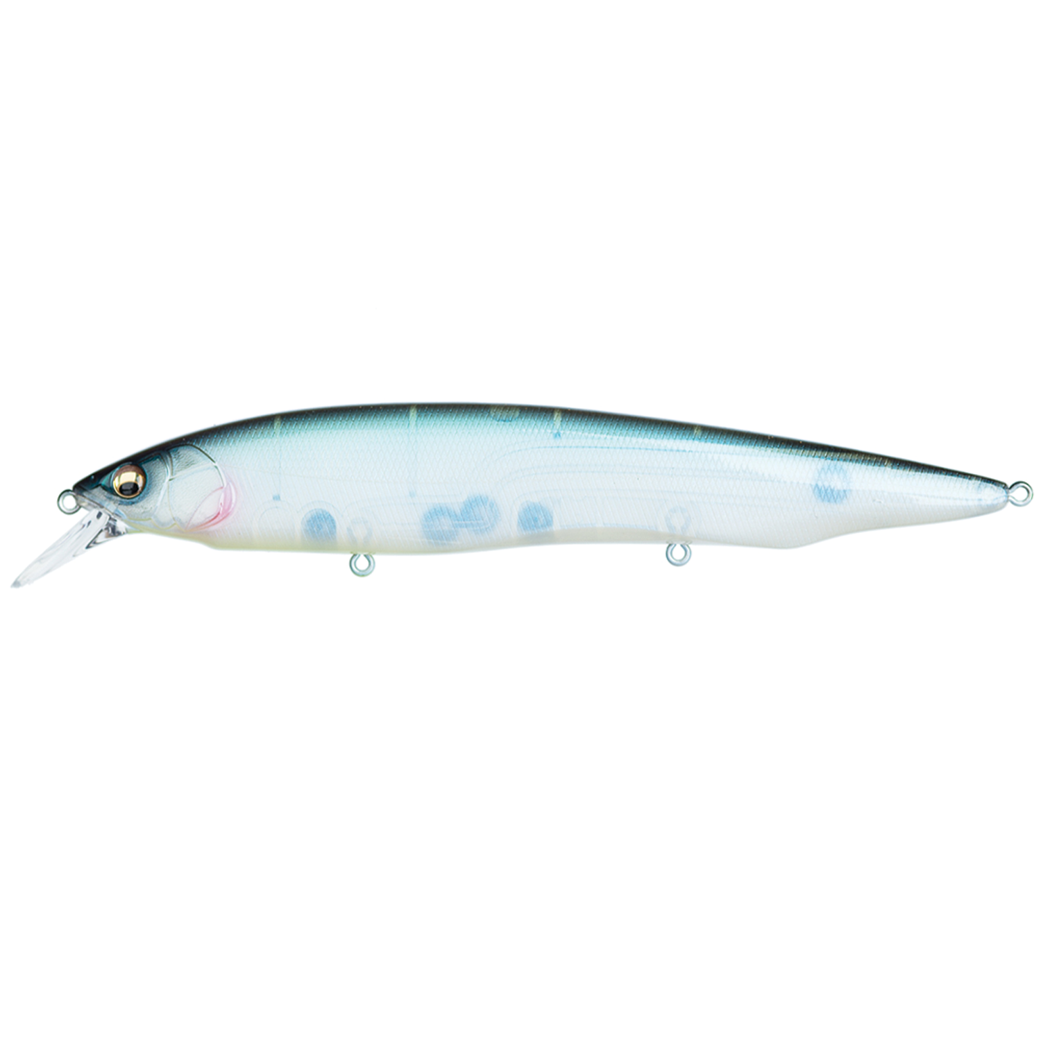 Megabass Kanata fishing lure with a slender, elongated body featuring a gradient blue and translucent design and three attachment points for fishing tackle.