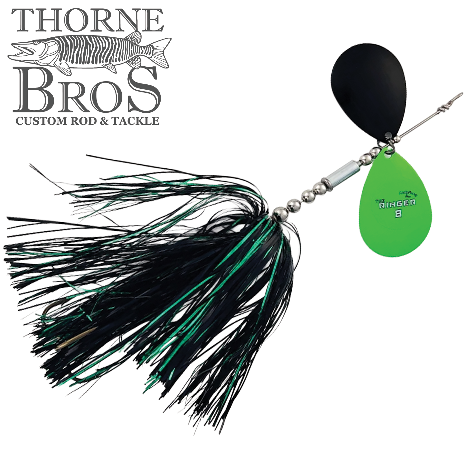 Musky Frenzy The Ringer 8 fishing lure with black and green skirt, silver beads, and double spinner blades in black and green, designed for musky fishing.