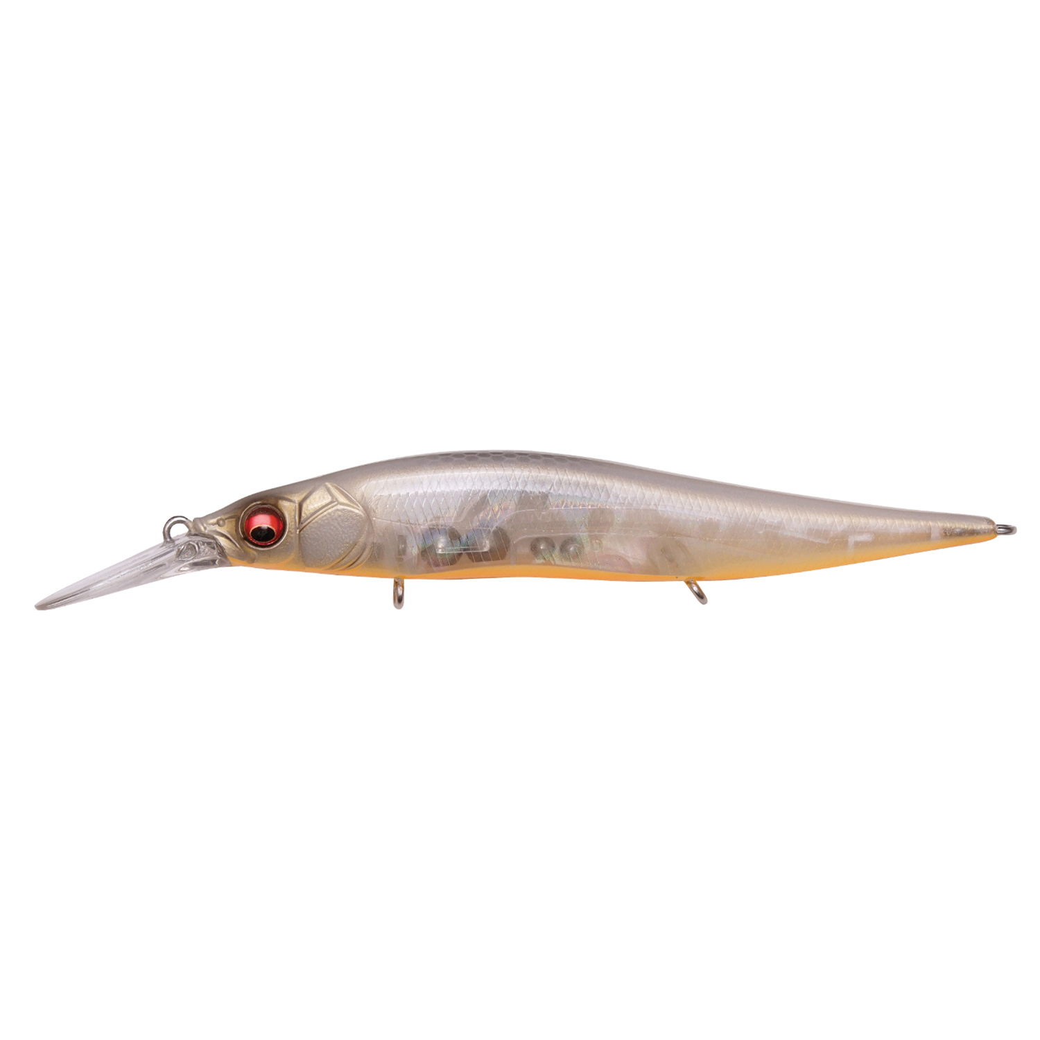 Megabass Vision 110+1 Jr. fishing lure with a translucent body, detailed with red eyes and a long diving lip, designed for precise movement in water.