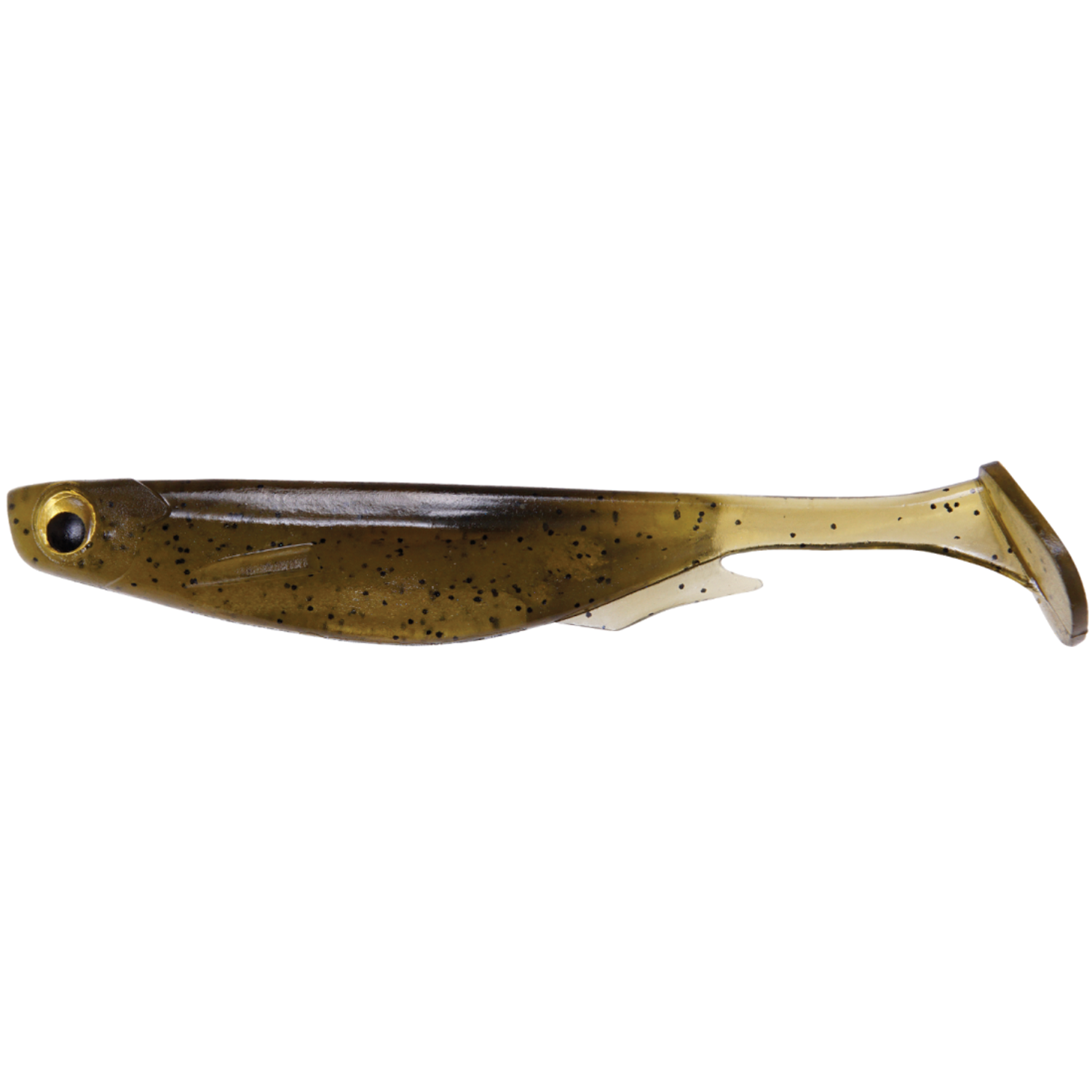Megabass Spark Shad fishing lure in translucent brown with black speckles, designed to mimic a small baitfish for freshwater fishing tackle use.