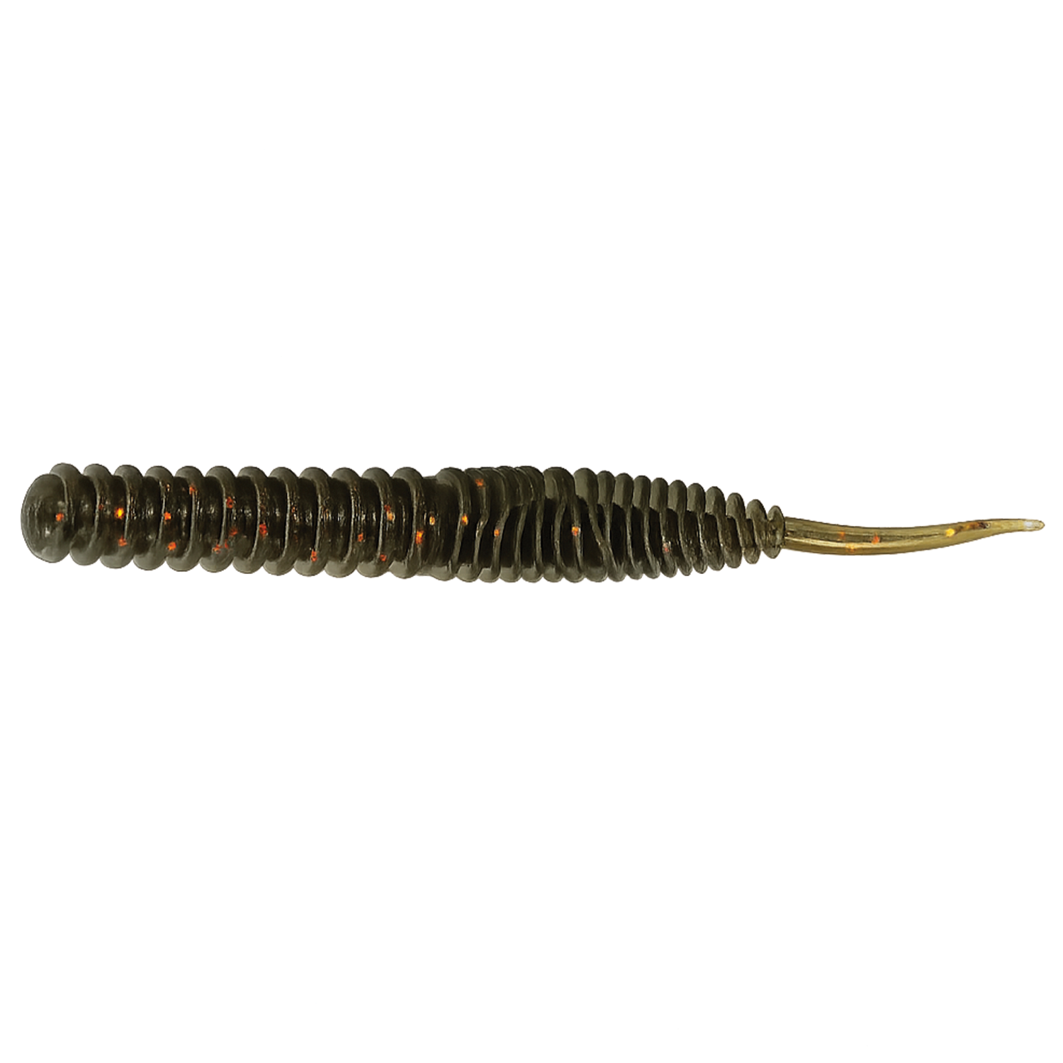 Fishing lure with a ribbed body and pointed tip on a white background