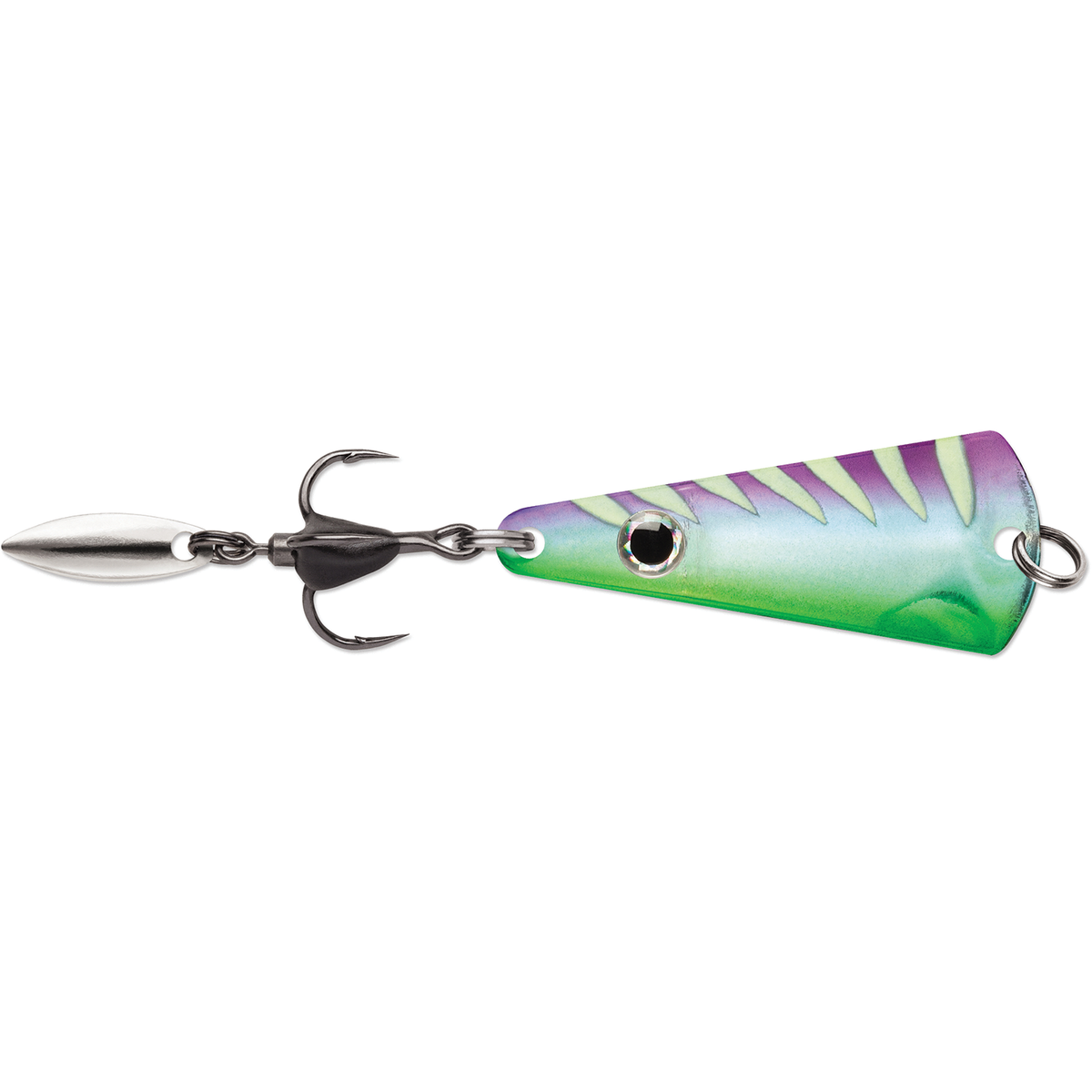 VMC Bladed Tingler Spoon fishing lure with a green and purple scale finish silver spinner blade and treble hook for fishing tackle