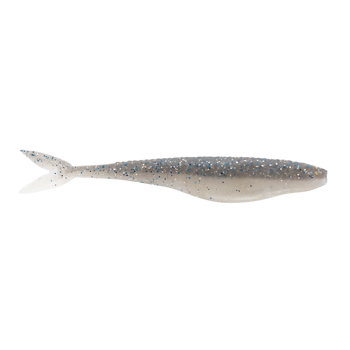 Z-Man Stuntman soft plastic fishing lure in translucent gray with blue and silver glitter, designed for freshwater fishing tackle targeting musky and other game fish.