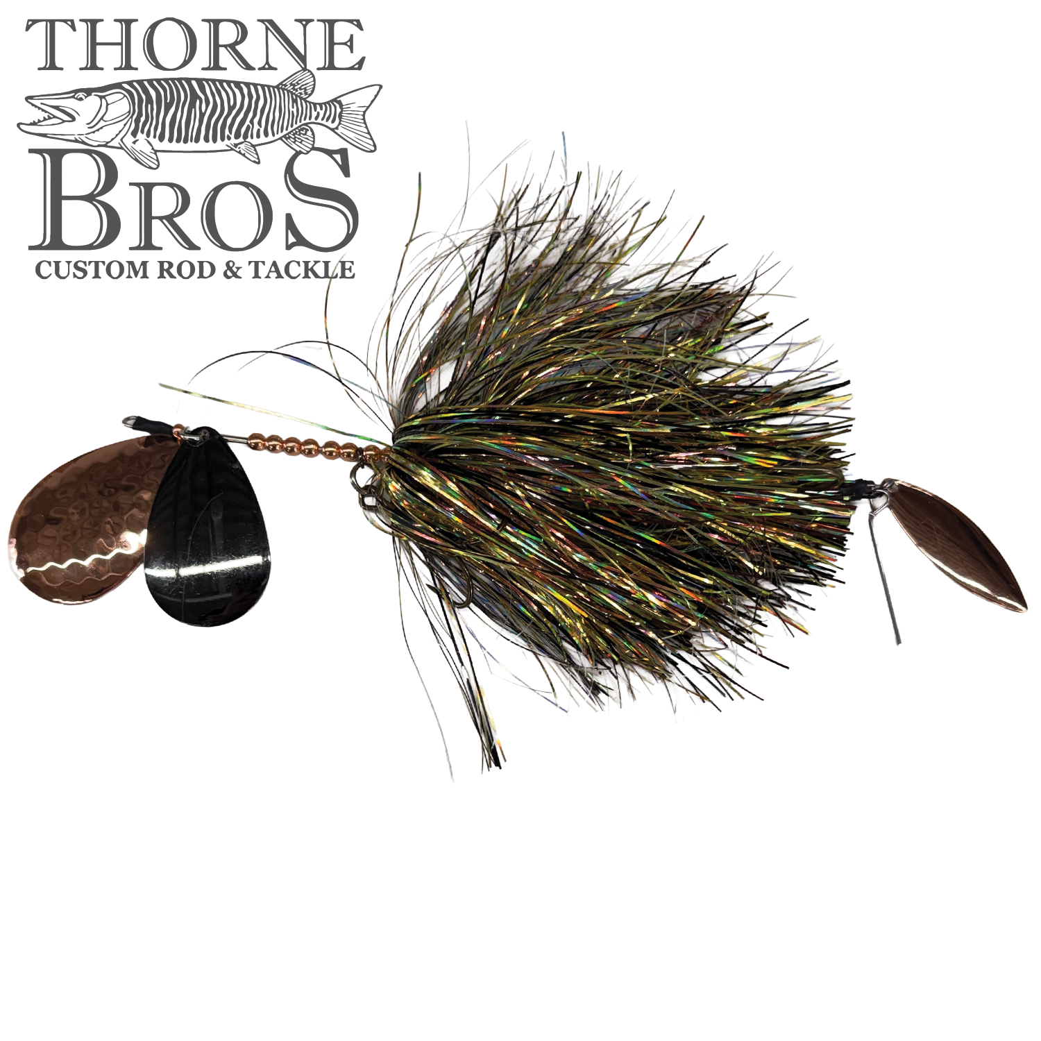 Hunsy Tails 9/10 Banger fishing lure with iridescent skirt feathers and two metallic spinner blades, designed for musky fishing, displayed against a white background.