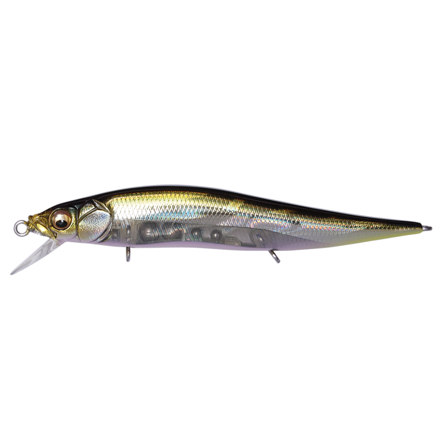 Megabass Vision 110 Jr. fishing lure with a realistic fish design, metallic gold and silver finish, and detailed eyes, ideal for freshwater fishing tackle.