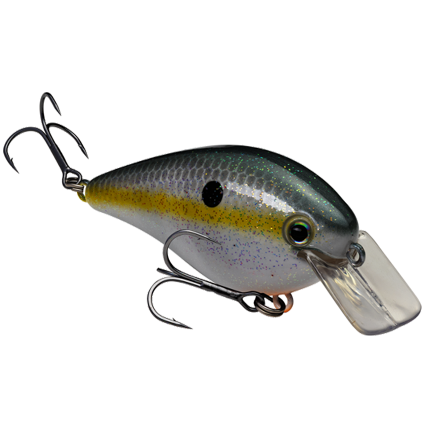 Strike King KVD Hard Knock fishing lure with realistic fish scale pattern, green and yellow body, clear diving lip, and two sharp treble hooks for effective fishing tackle.