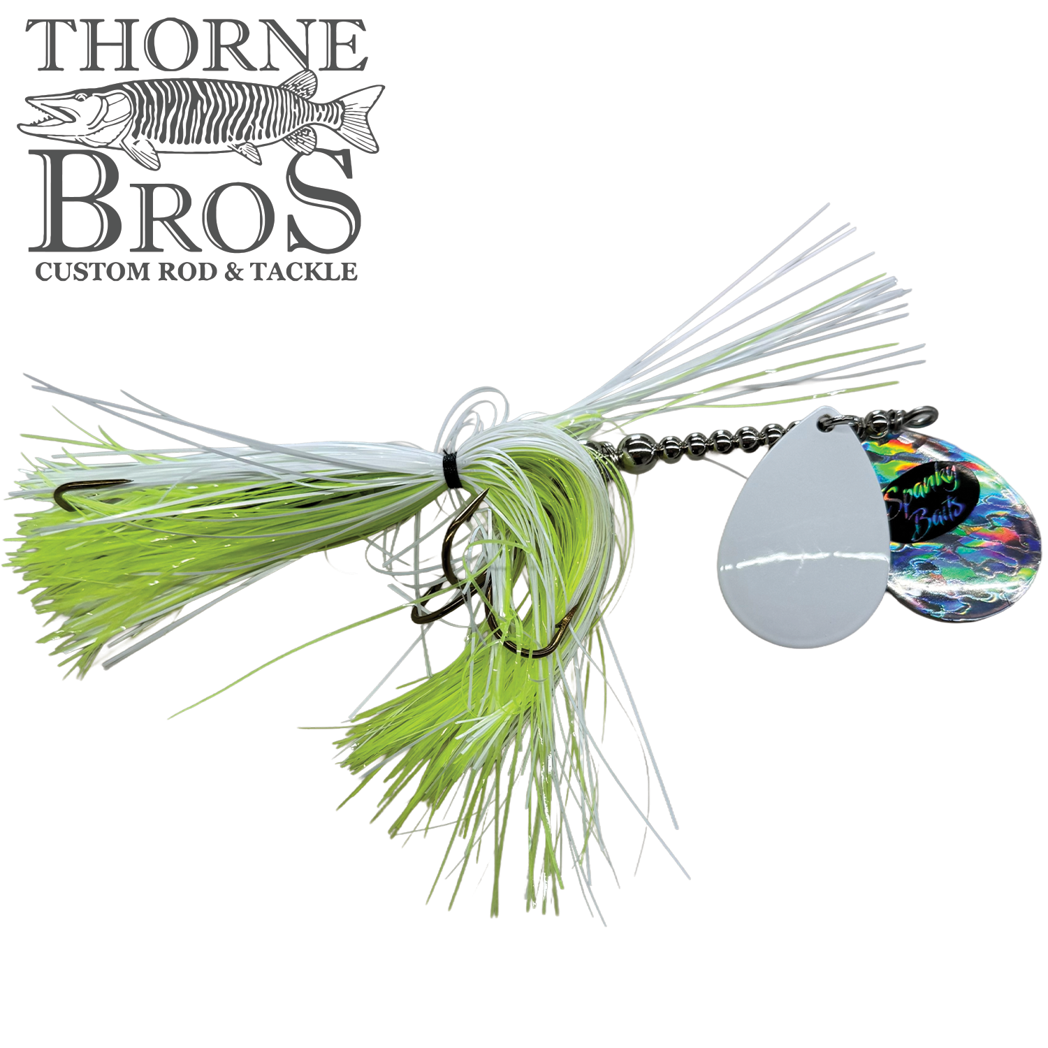 Spanky Baits Fireball 8" fishing lure with bright green and white skirt, twin spinner blades, and sharp hooks designed for musky fishing.