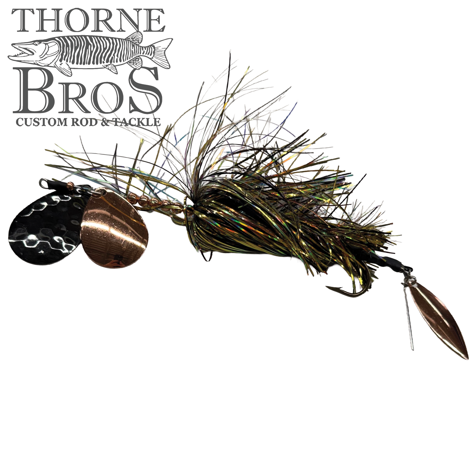 Hunsy Tails 7/8 Banger fishing lure featuring a multi-colored skirt with metallic copper and black spinner blades, designed for musky and freshwater fishing.