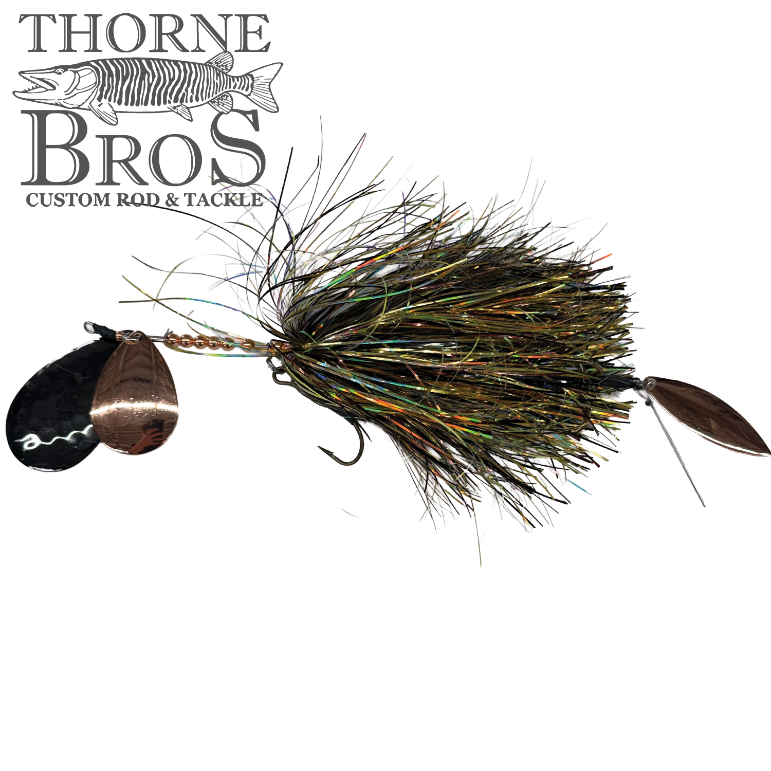 Hunsy Tails 8/10 Banger fishing lure with multi-colored synthetic fibers, dual shiny copper and black spinner blades, designed for musky fishing at Thorne Bros shop.