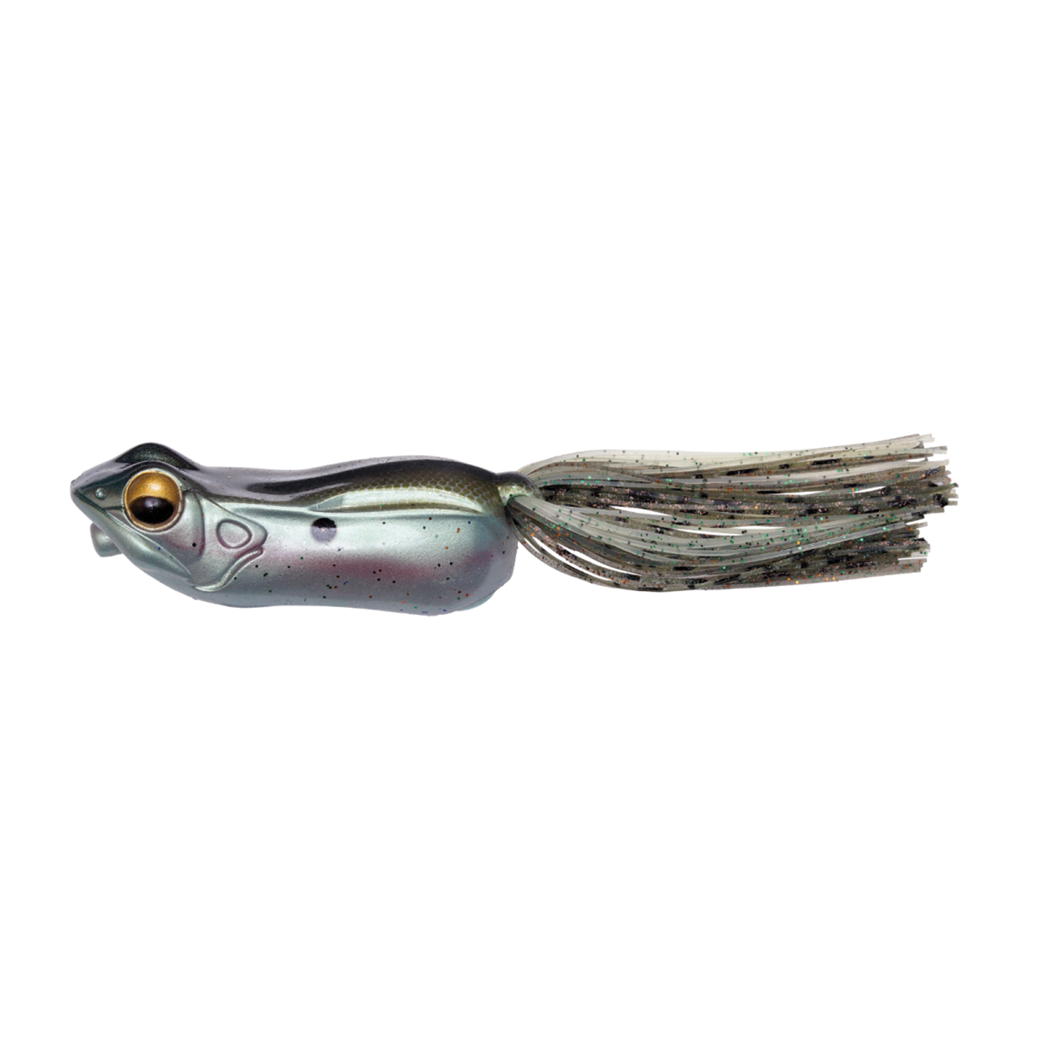 Megabass Big Gabot fishing lure in silver and gray with a detailed fish head design and a multi-strand skirt tail, ideal for musky fishing tackle.