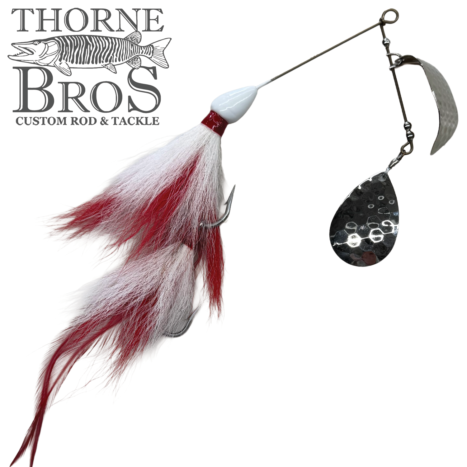 CJ'S Large Tandem Clicker fishing lure with red and white feathered tail and two hammered silver spinner blades, designed for musky fishing and offered by Thorne Bros.