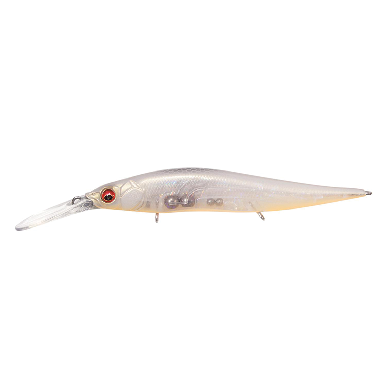 Megabass Vision 110+2 Jr. fishing lure featuring a translucent body with internal weights, realistic red eye detail, and a clear diving lip for optimal action in water.