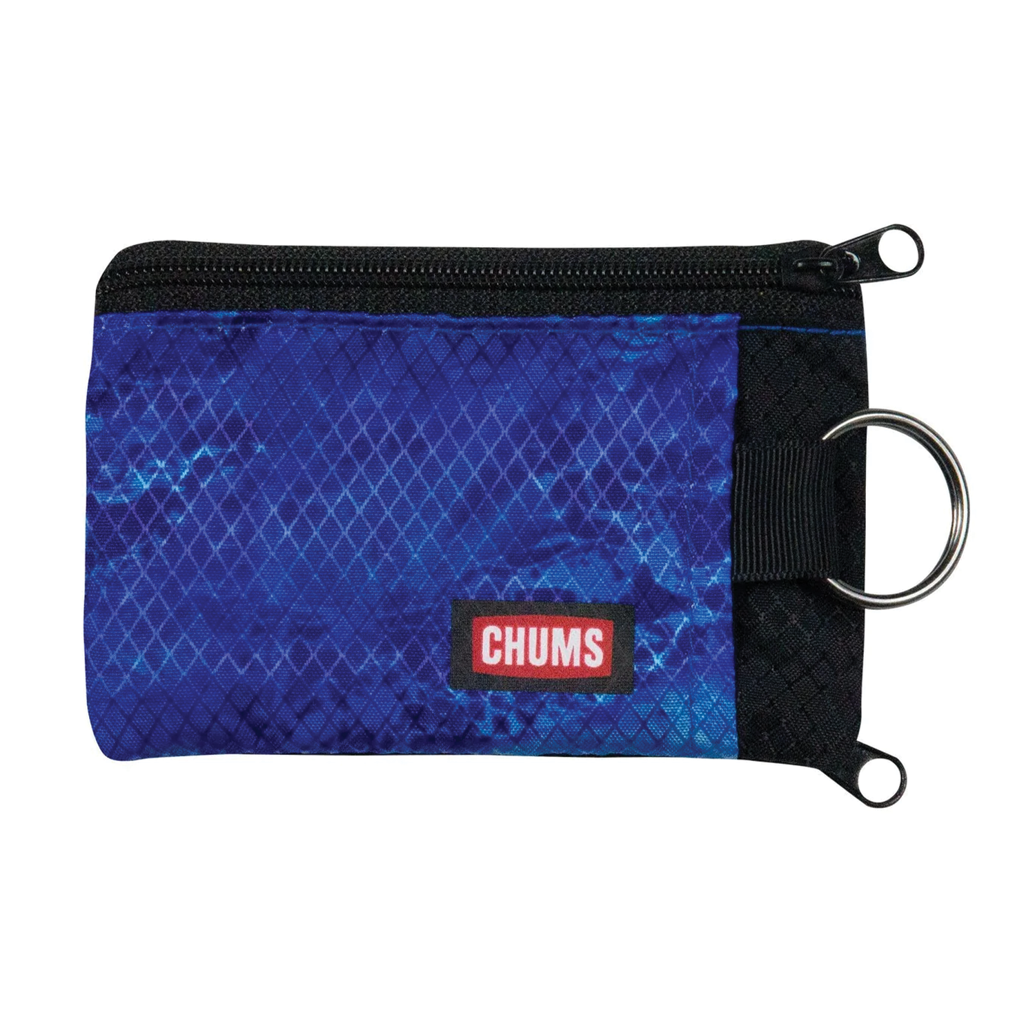 Chums Surfshorts Wallet in blue ripstop fabric with black trim, featuring a zippered main compartment, key ring attachment, and a red and white logo patch.