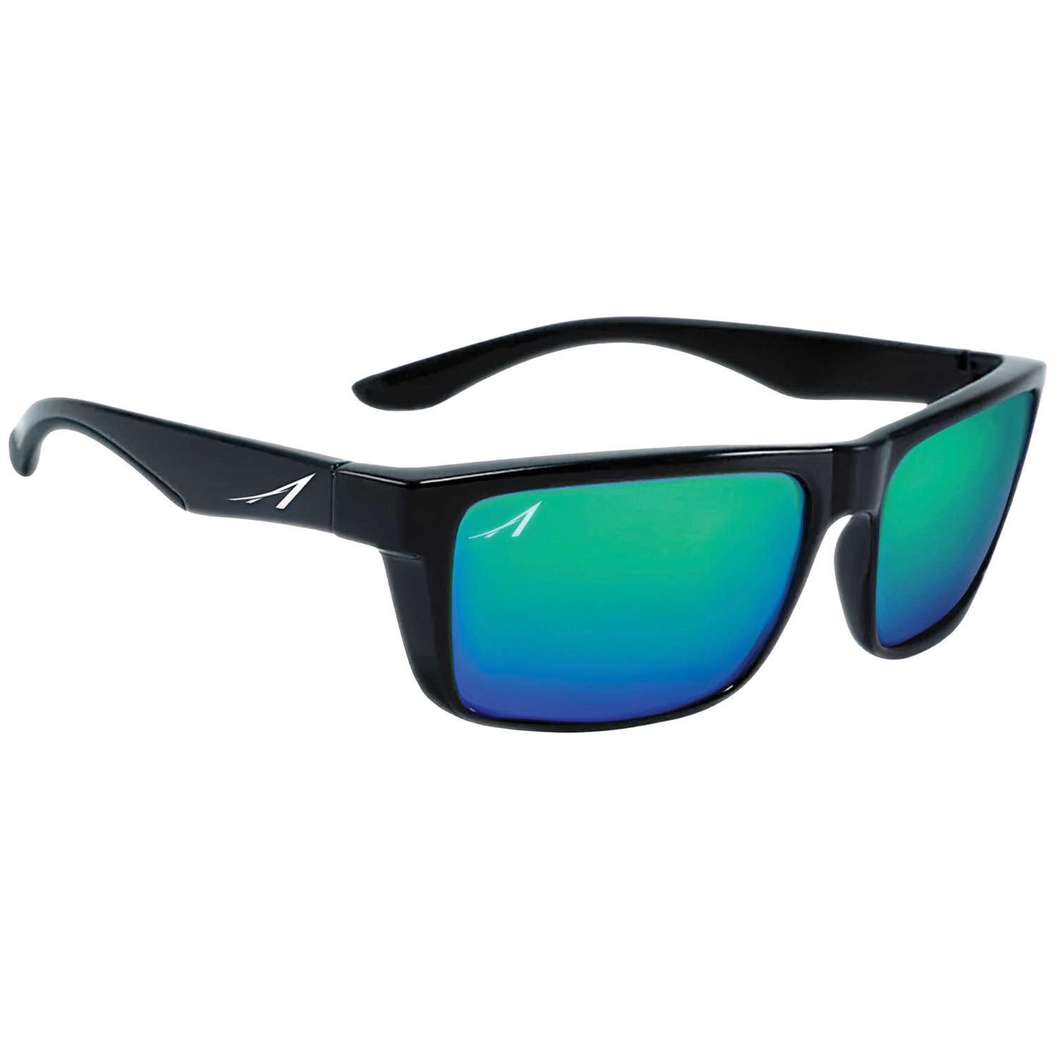 Alexander Sunglasses with black rectangular frame and blue-green mirrored lenses, designed for outdoor use and fishing activities.