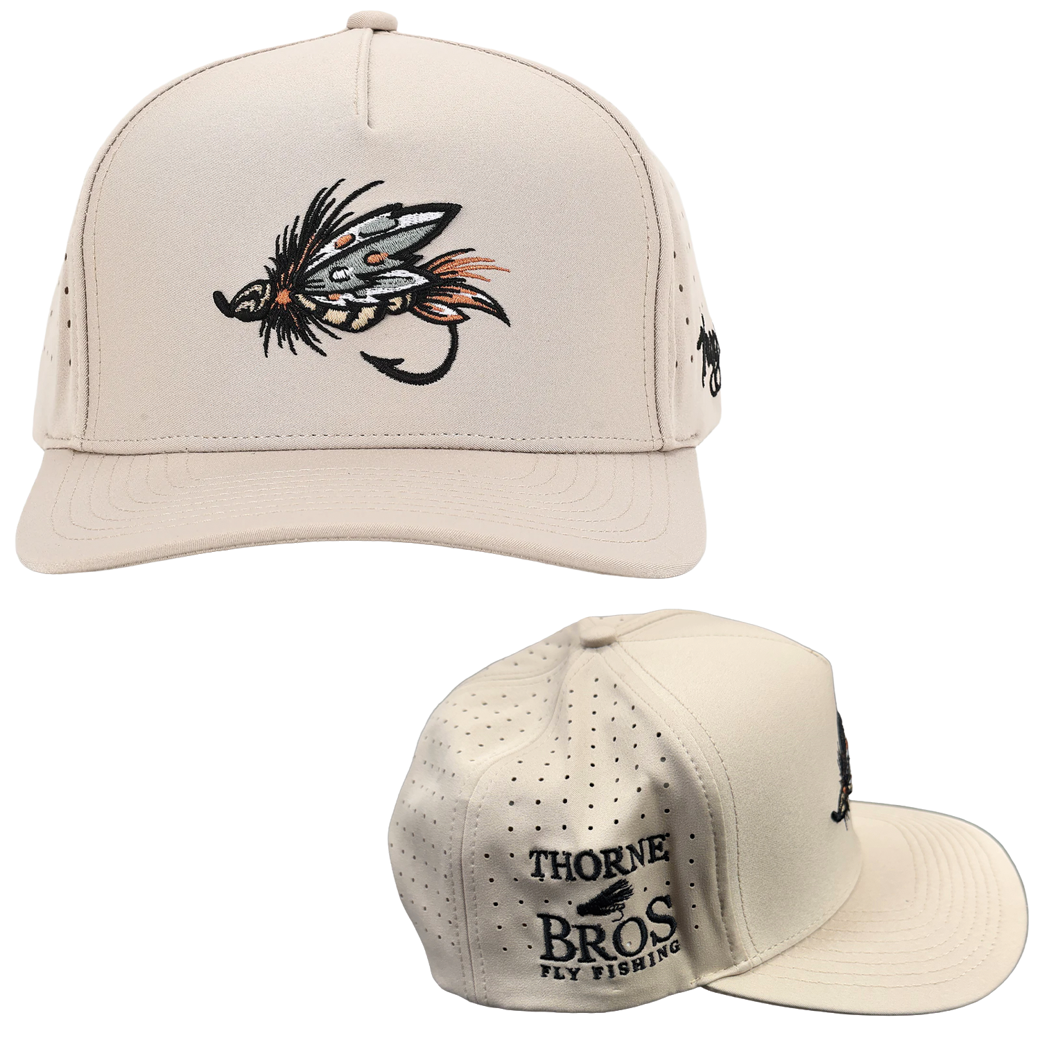 Beige Thorne Bros Waggle Hats featuring an embroidered fishing lure design on the front and perforated side panels with Thorne Bros Fly Fishing logo embroidered in black.