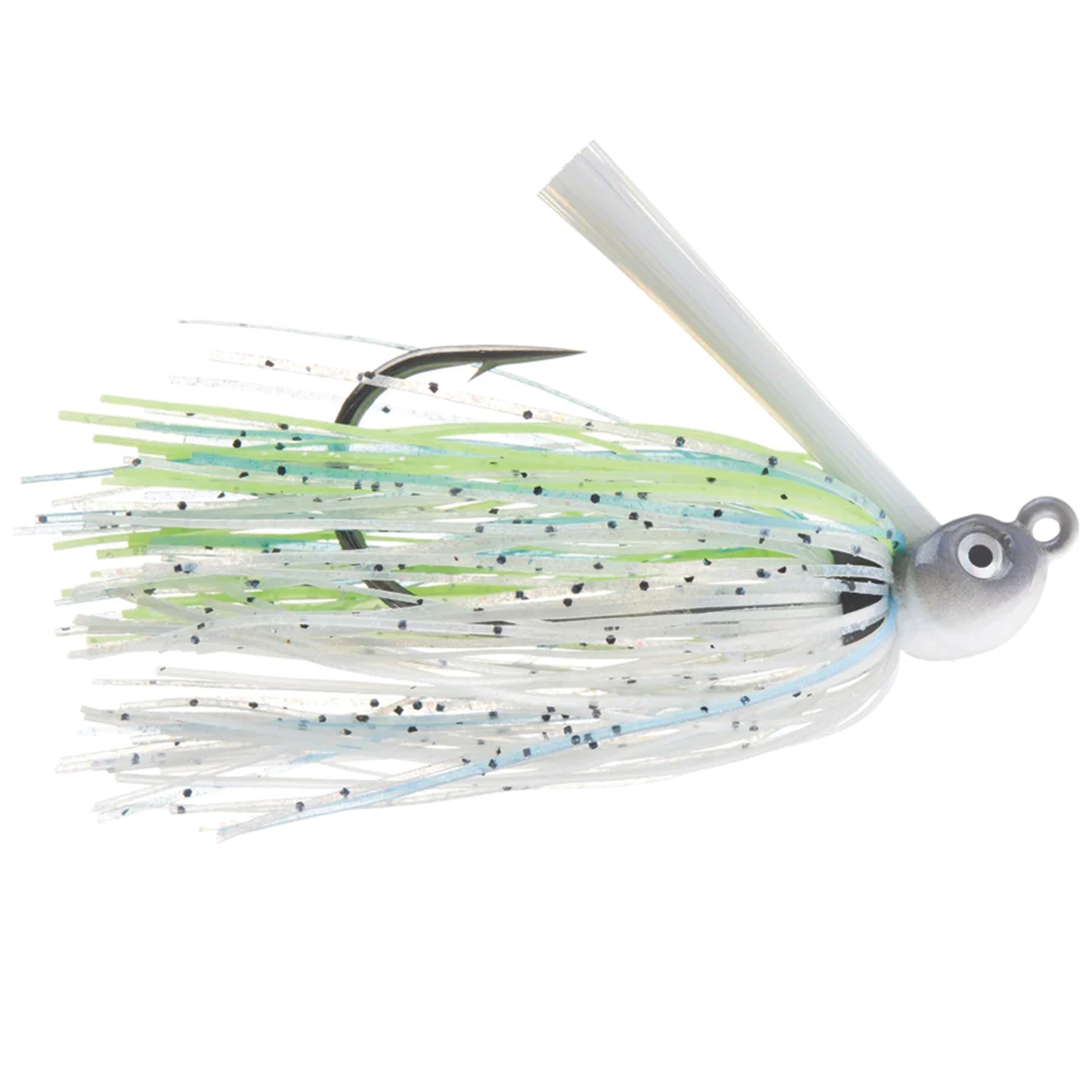 Dirty Jigs California Swim Jig with a lead head, painted eyes, and multi-colored synthetic skirt in white, green, and blue with black speckles, featuring a sharp weed guard and hook.