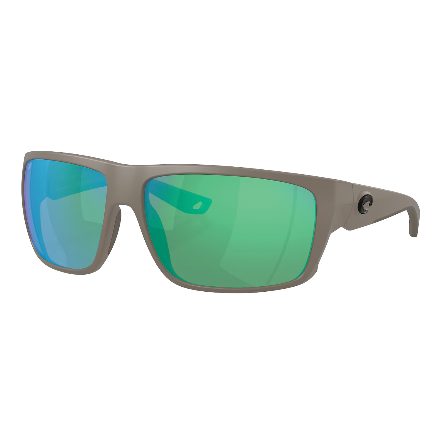 Modern gray-framed sunglasses with reflective green and blue lenses, designed for outdoor use, featured at a premier fishing tackle shop alongside Costa Del Mar - Fly Line products.