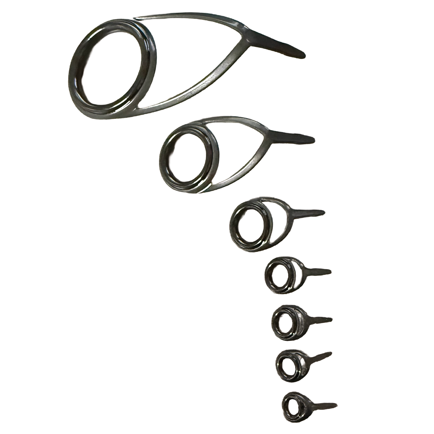 Set of metal Spinning Rod Guide Sets in various sizes, each with circular loops and sturdy frames designed for fishing rods to guide fishing line smoothly.