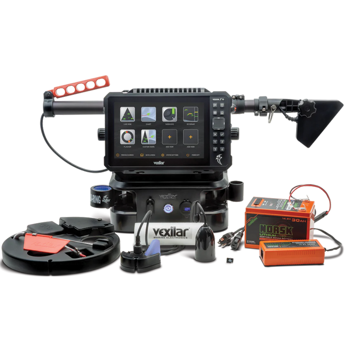 Vexilar Vision X-10 Live View System - Pro Bundle featuring a large screen display with control buttons, various sensors, and power accessories for advanced fishing electronics.