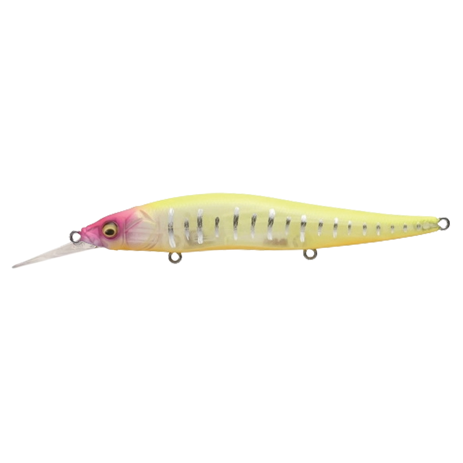 Megabass Vision 110+1 fishing lure in yellow with pink head and silver accents, designed for precision casting and effective fish attraction in various fishing conditions.