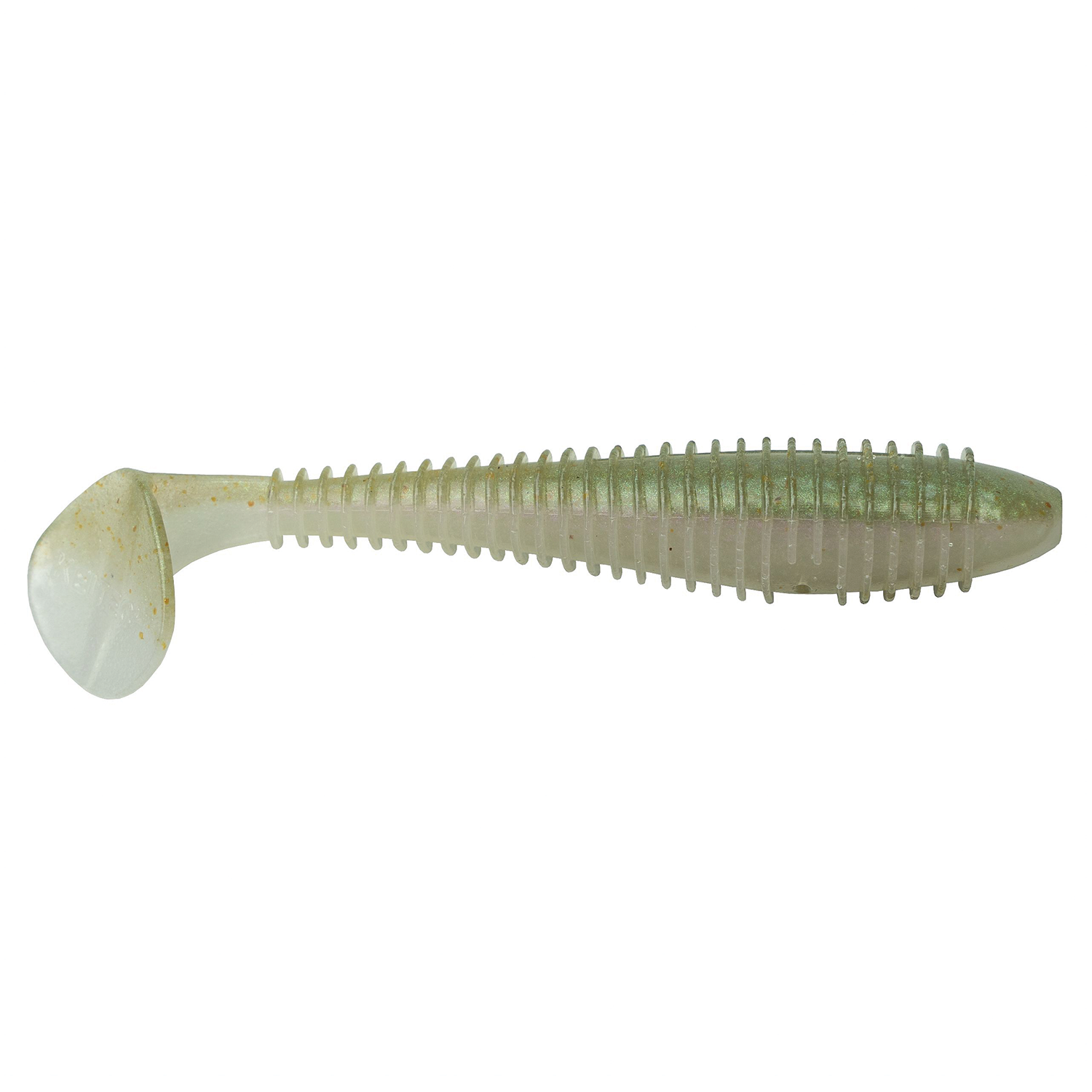 Keitech Fat Swing Impact 3.3" soft plastic fishing lure in translucent green and white with segmented ribbed body and paddle tail for lifelike movement in water.