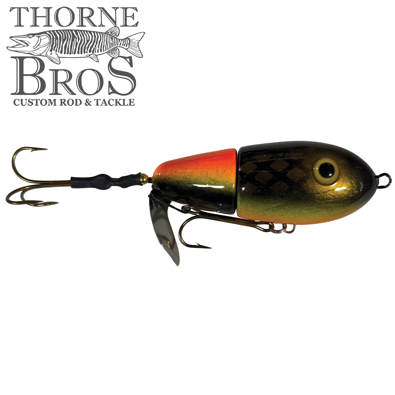 Lake-X Fat Bastard (Epoxy Finish) fishing lure with a segmented body in green and orange hues, featuring two treble hooks and a reflective coating for musky fishing.