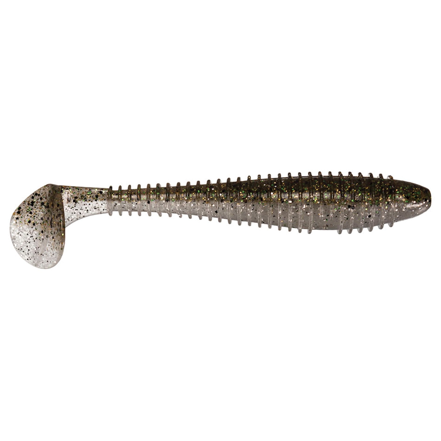 Keitech Fat Swing Impact 3.3" soft plastic fishing lure in translucent gray with black and gold flecks, featuring a ridged body and paddle tail for realistic movement in water.