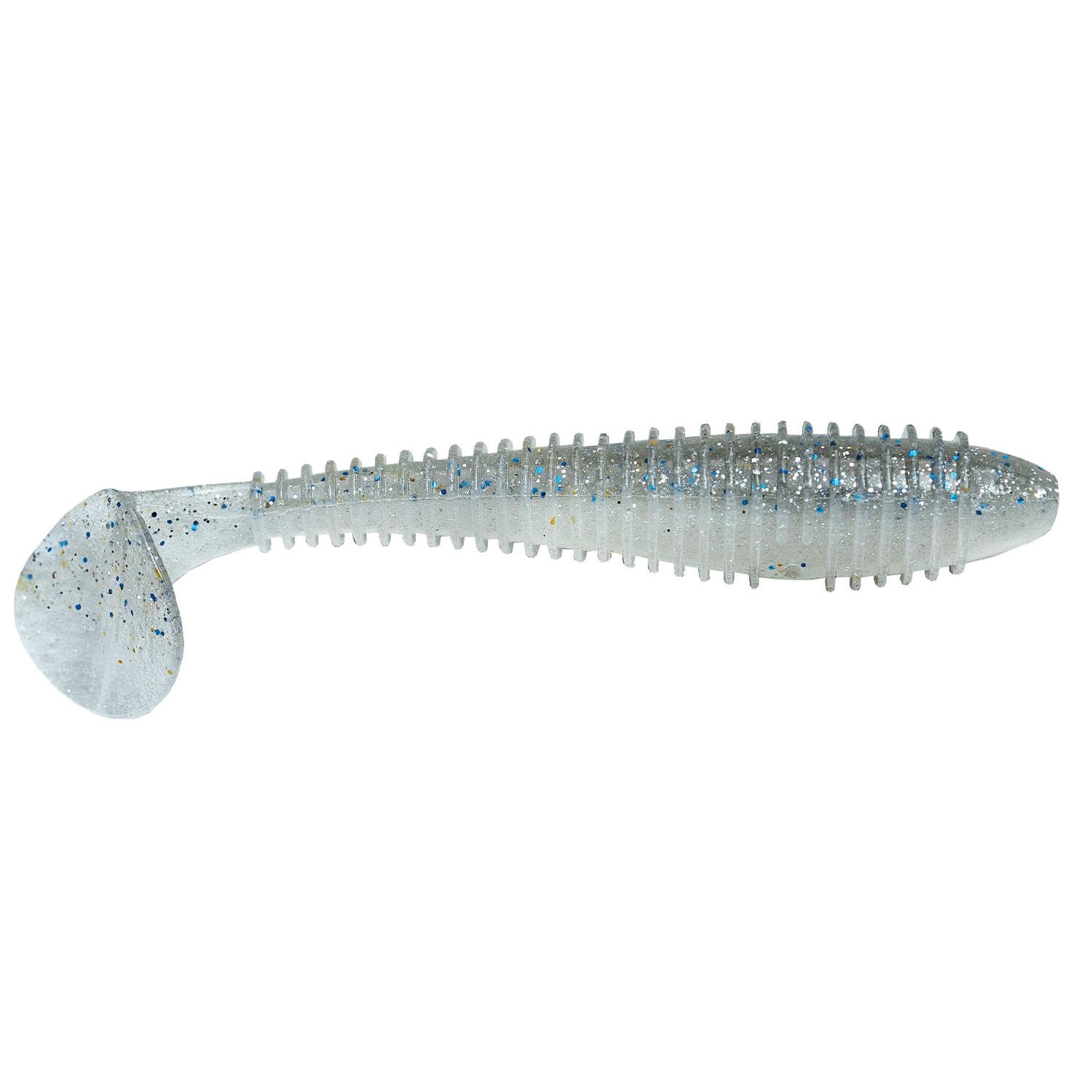 Keitech Fat Swing Impact 3.3" soft plastic fishing lure in translucent color with blue and silver glitter, designed for effective fishing lure action and attraction.