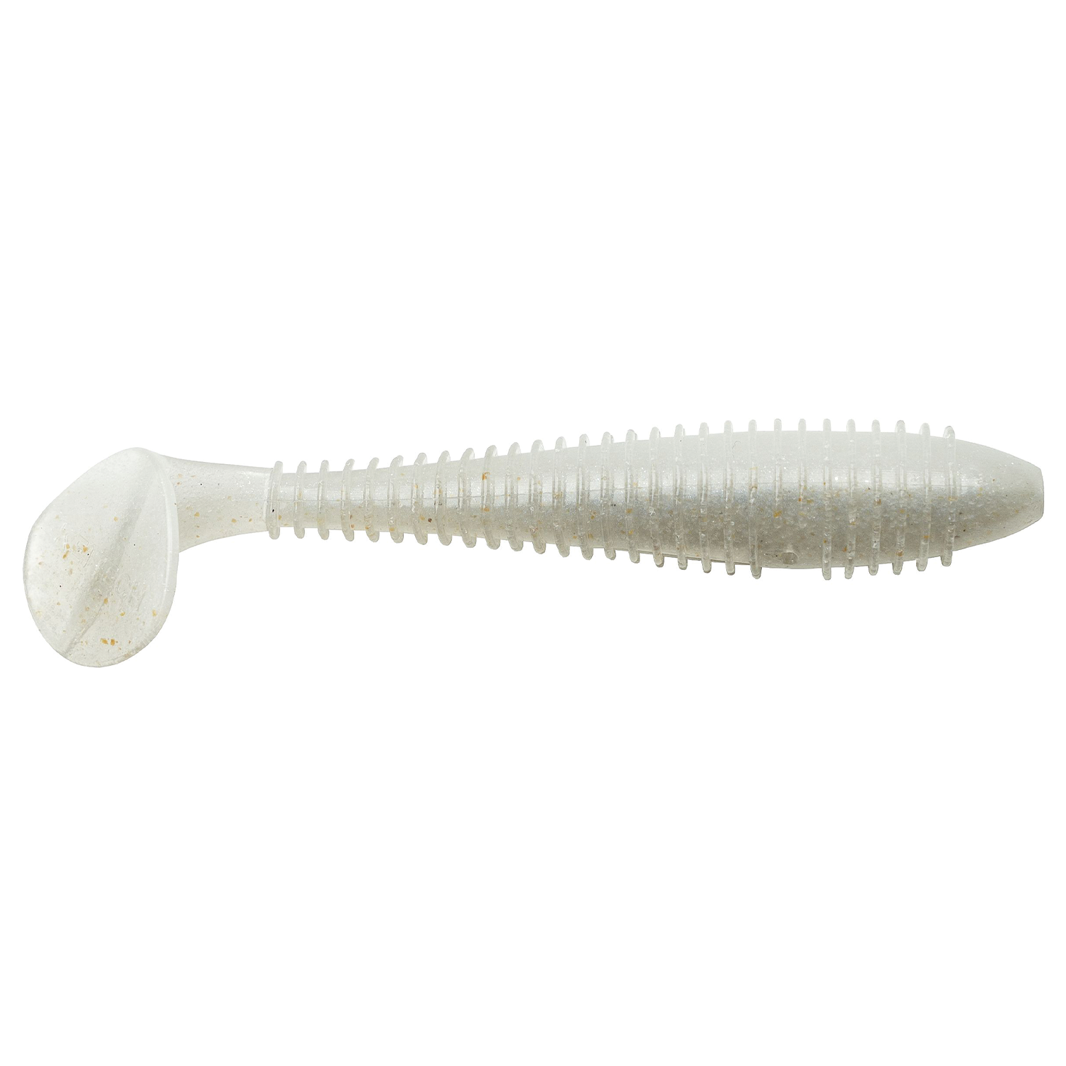 Keitech Fat Swing Impact 3.3" fishing lure in translucent pearlescent color with paddle tail design and ribbed body for realistic water movement.