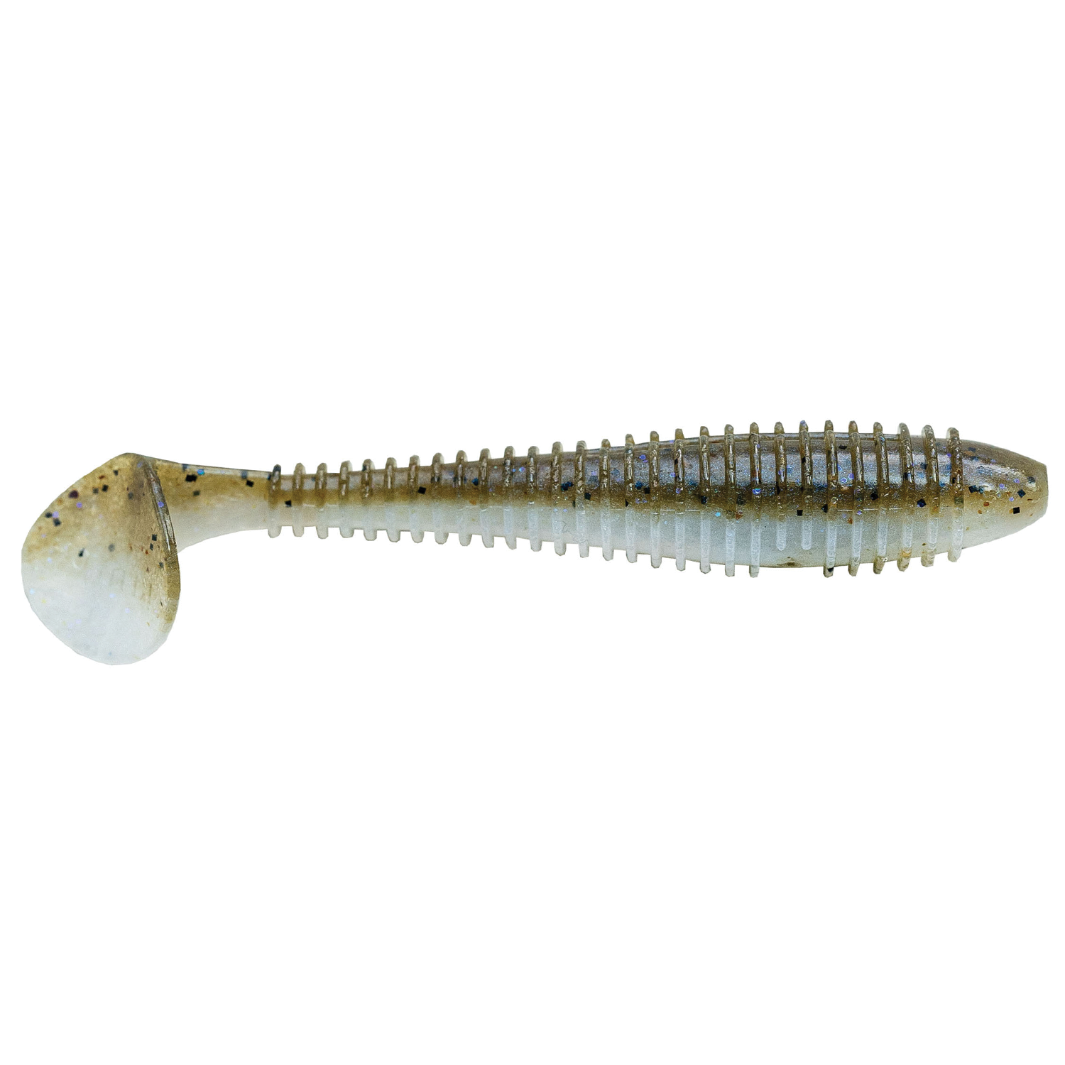 Keitech Fat Swing Impact 3.3" soft plastic fishing lure in natural translucent colors with ribbed body and paddle tail, designed for effective movement in water.