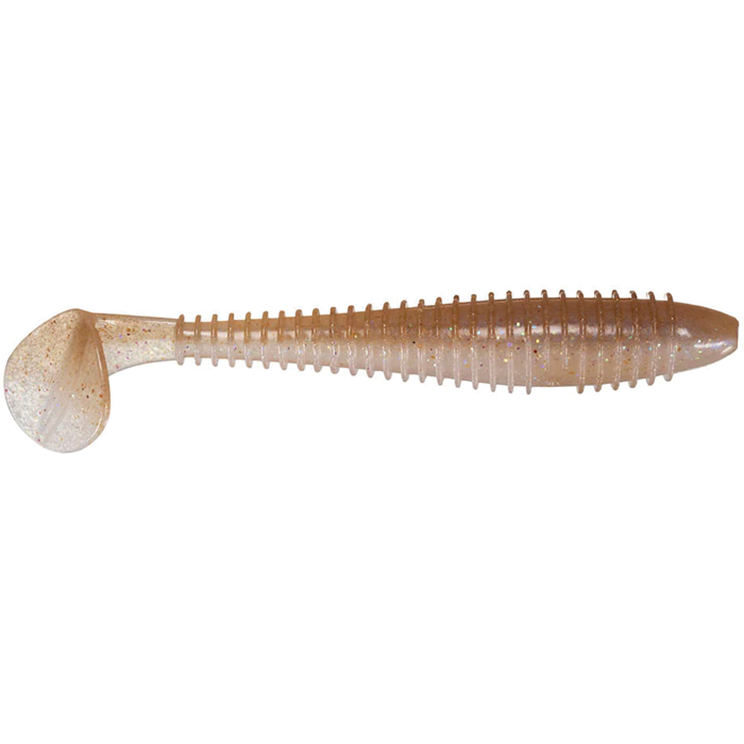 Keitech Fat Swing Impact 3.3" soft plastic fishing lure in translucent light brown with ribbed body and paddle tail, designed for effective movement in water to attract fish.