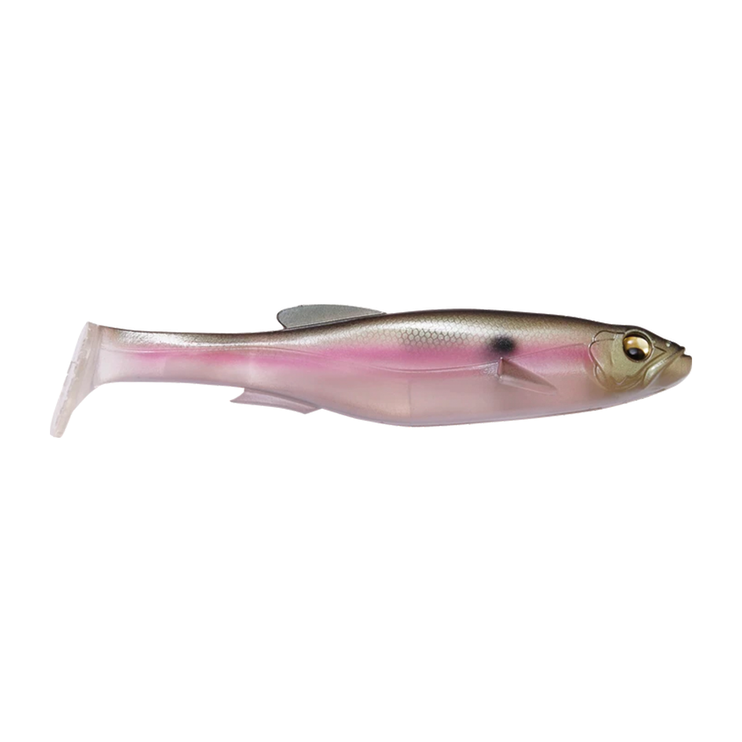 Megabass Magdraft 6" Freestyle fishing lure resembling a small baitfish with realistic colors in shades of pink, silver, and gold, designed for musky fishing.