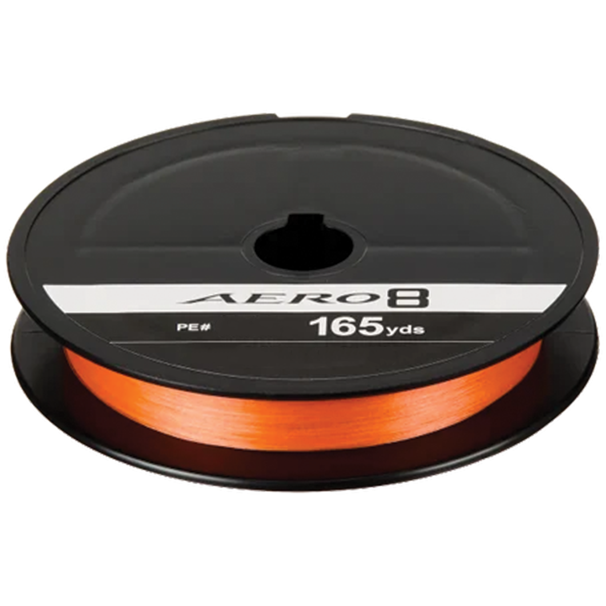 Spool of bright orange Shimano Aero 8 PE fishing line with 165 yards capacity, designed for use with fishing rods and reels in musky and fly fishing tackle.