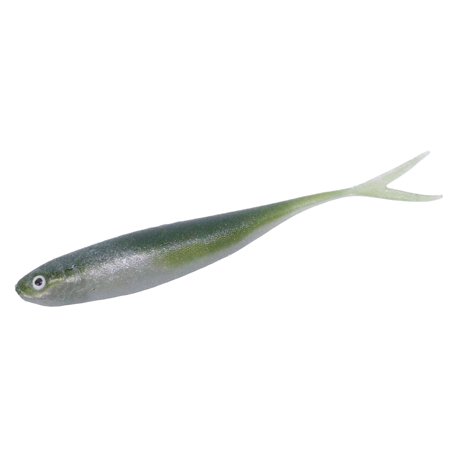 Engine LikeFive fishing lure designed to mimic a small baitfish, featuring a slender green and silver body with a forked tail for realistic movement in water.