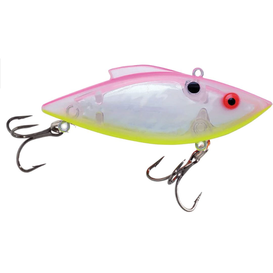 Bill Lewis Rat-L-Trap - Super Trap fishing lure in translucent white with pink and yellow accents, featuring two sharp treble hooks for effective fishing tackle use.
