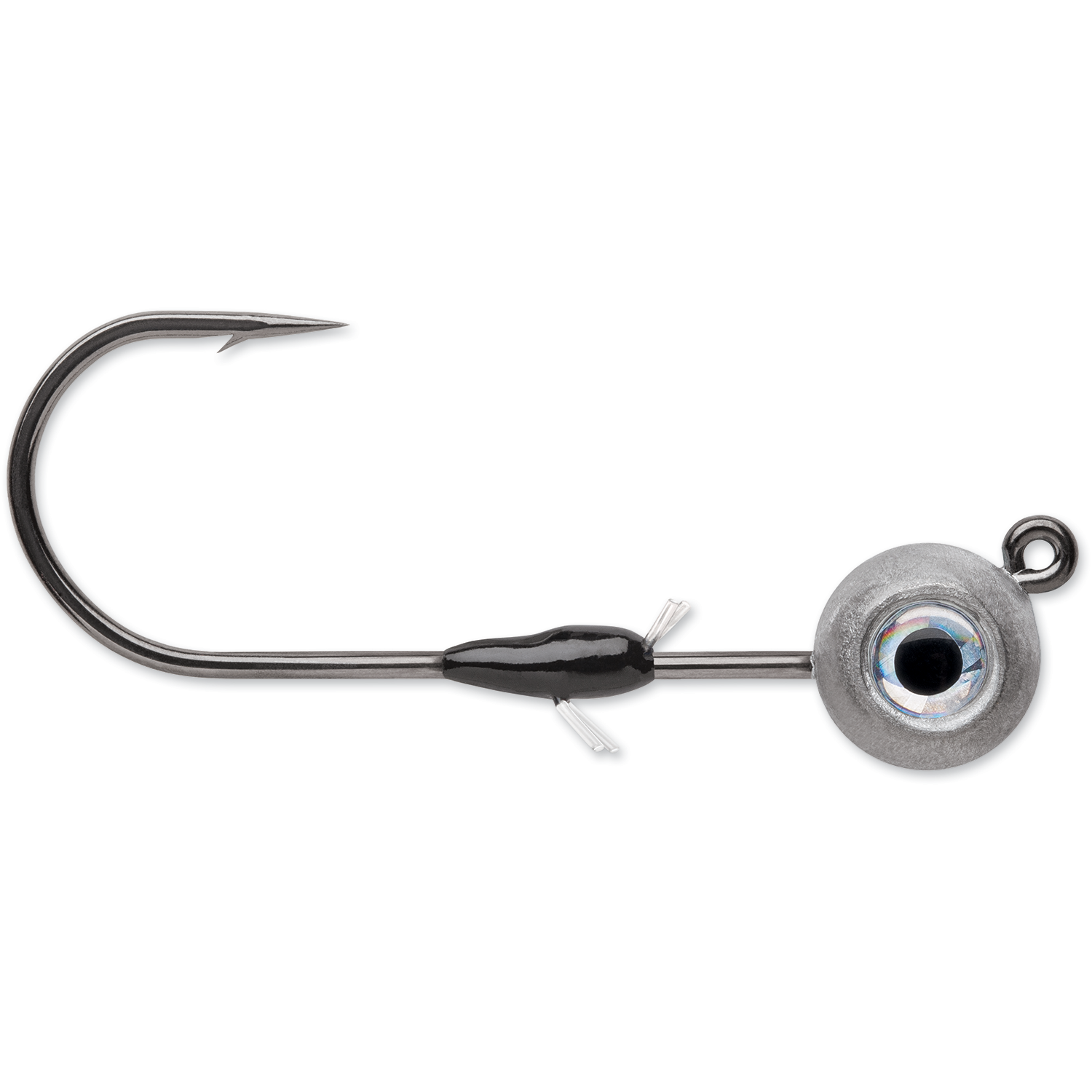 VMC Minnow Shaker Jig featuring a single sharp hook, weighted rounded head with realistic eye detail, and a wire weed guard designed for fishing tackle use.