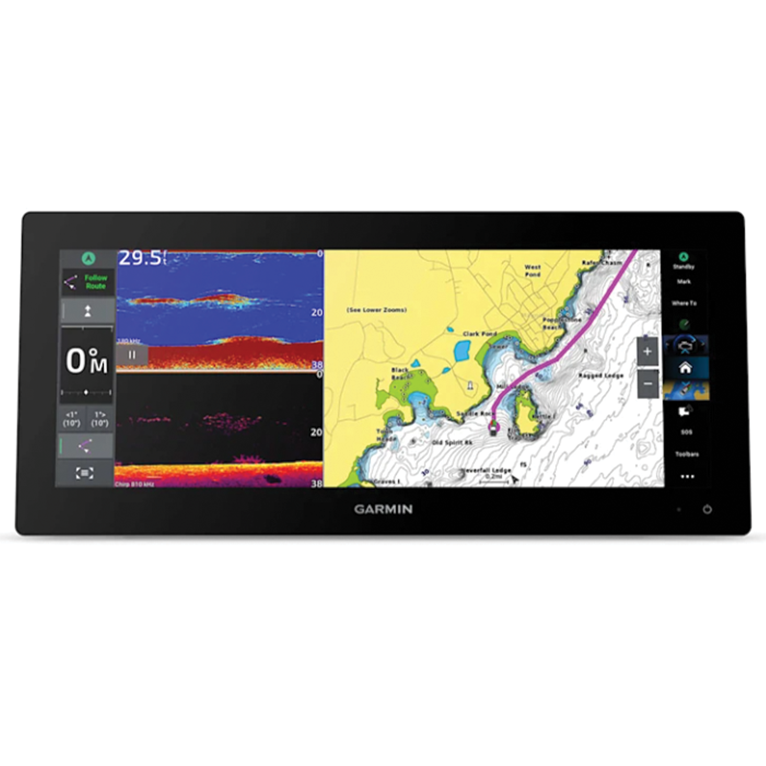 Garmin GPSMAP 1543xsv (WITH TRANSDUCER PORT) marine electronics device displaying detailed fishing maps and sonar imaging for fishing tackle navigation.