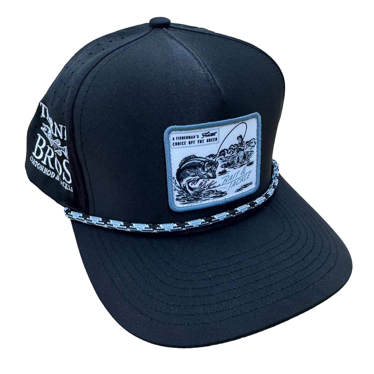 Thorne Bros Waggle Hats black fishing cap with stitched front patch featuring vintage fishing design, mesh ventilation on sides, and decorative braided cord above the brim.